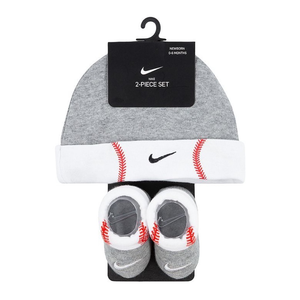 Nike Infant Hat and Booties Set - Gray, White, and Red baseball theme